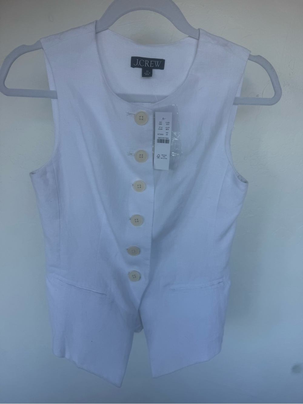 J. Crew White Sleeveless Button linen vest with Wooden-Style Buttons